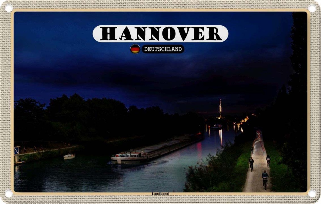 Blechschild 20x30 cm Hannover Landkanal Boote Nacht Bildmotiv Reisemotiv Abenteuer Reisen Urlaub