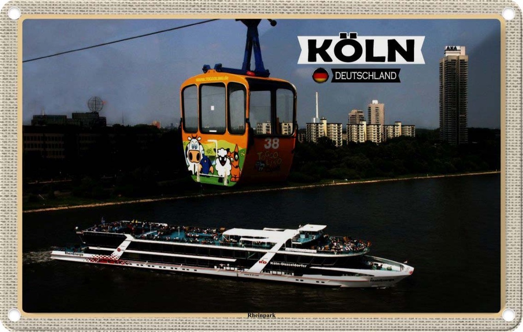 Blechschild 20x30 cm Köln Rheinpark Seilbahn Schiff Bildmotiv Reisemotiv Abenteuer Reisen Urlaub
