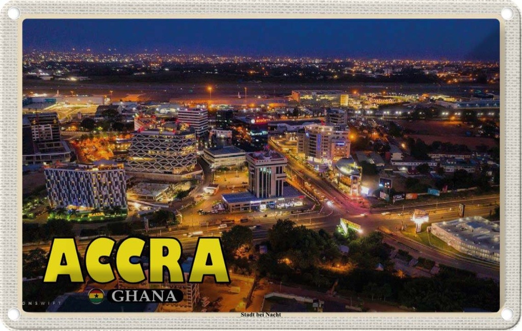 Blechschild 20x30 cm Accra Ghana Stadt bei Nacht Bildmotiv Reisemotiv Abenteuer Reisen Urlaub