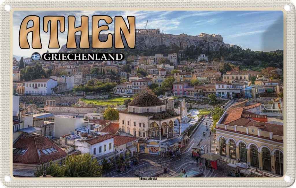 Blechschild 20x30 cm Athen Griechenland Monastiraki Bildmotiv Reisemotiv Abenteuer Reisen Urlaub