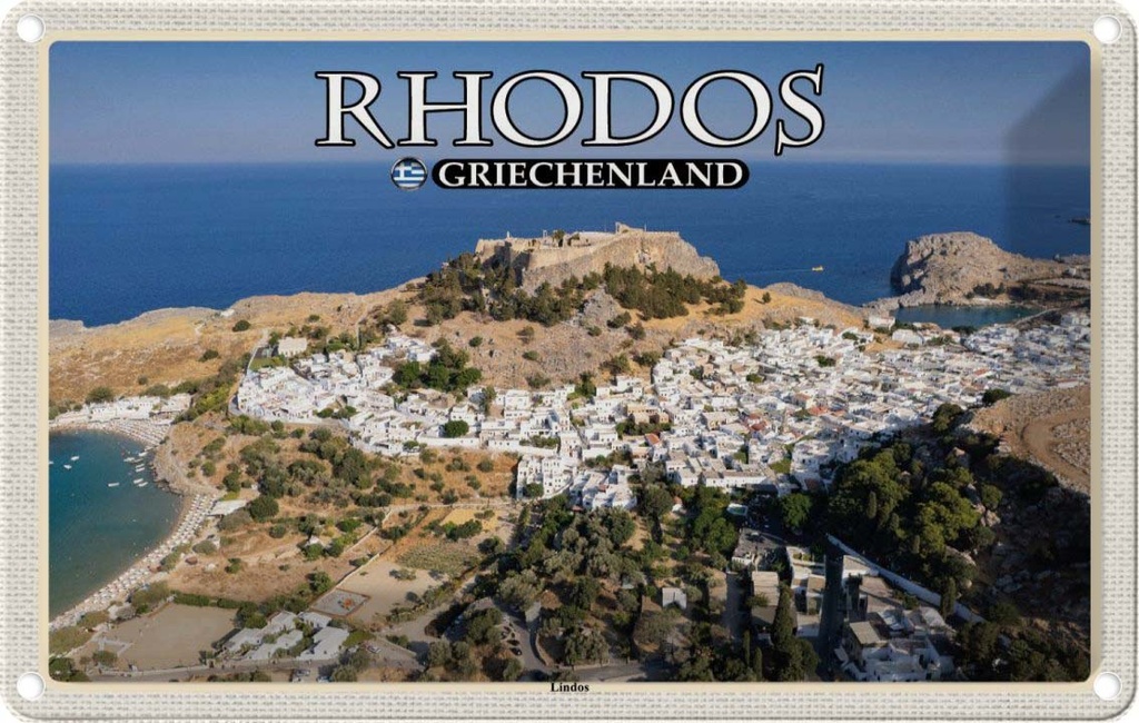 Blechschild 20x30 cm Rhodos Griechenland Lindos Stadt Meer Bildmotiv Reisemotiv Abenteuer Reisen Urlaub