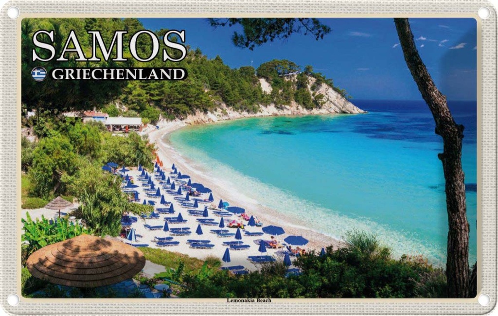Blechschild 20x30 cm Samos Griechenland Lemonakia Beach Strand Bildmotiv Reisemotiv Abenteuer Reisen Urlaub
