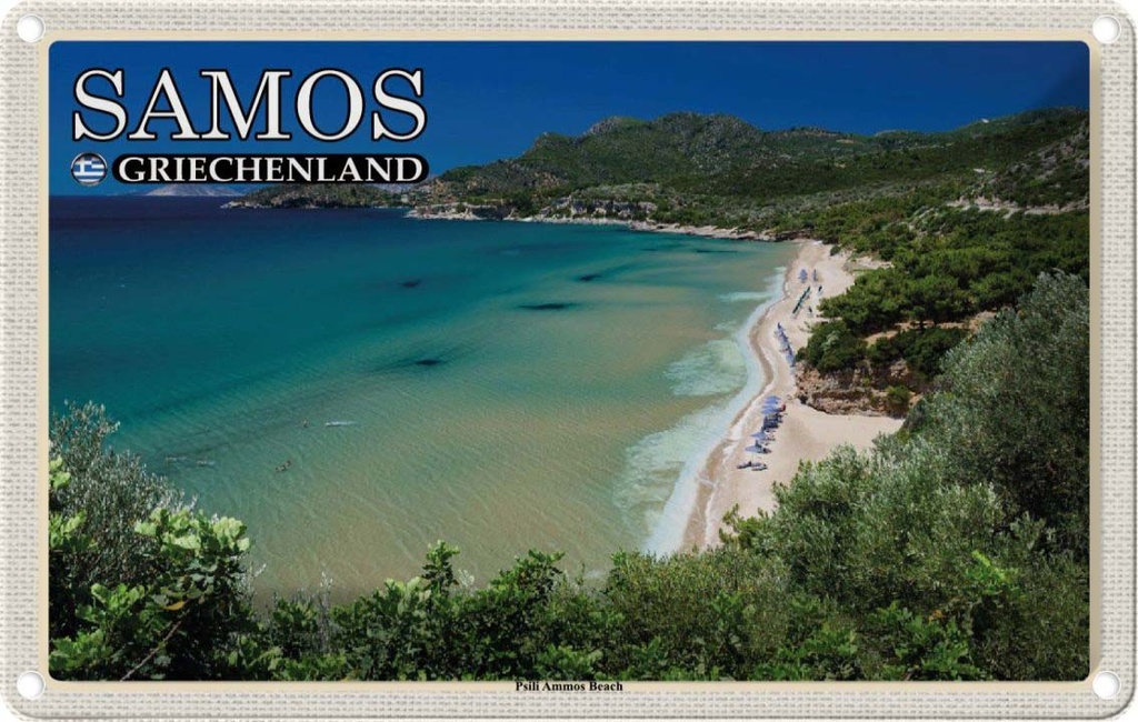 Blechschild 20x30 cm Samos Griechenland Psili Ammos Beach Bildmotiv Reisemotiv Abenteuer Reisen Urlaub