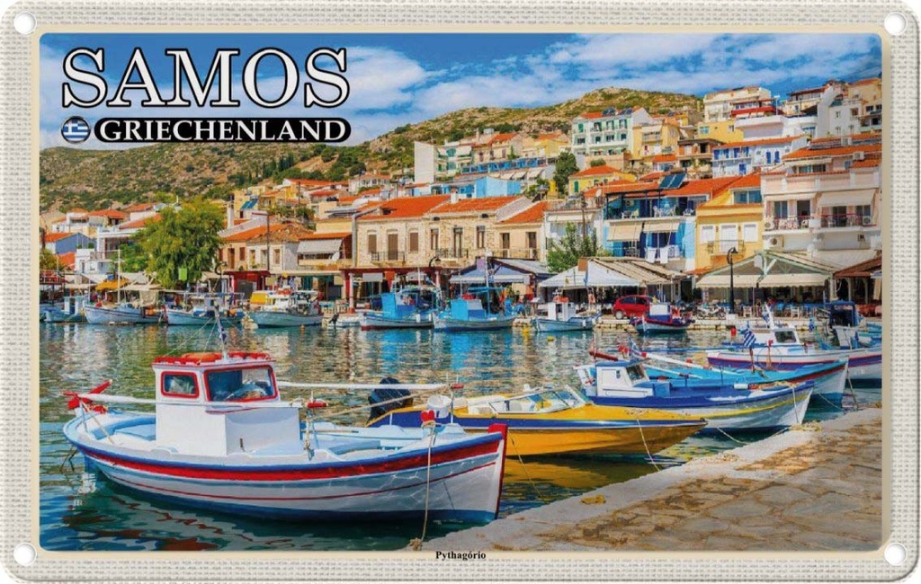 Blechschild 20x30 cm Samos Griechenland Pythagório Kleinstadt Bildmotiv Reisemotiv Abenteuer Reisen Urlaub