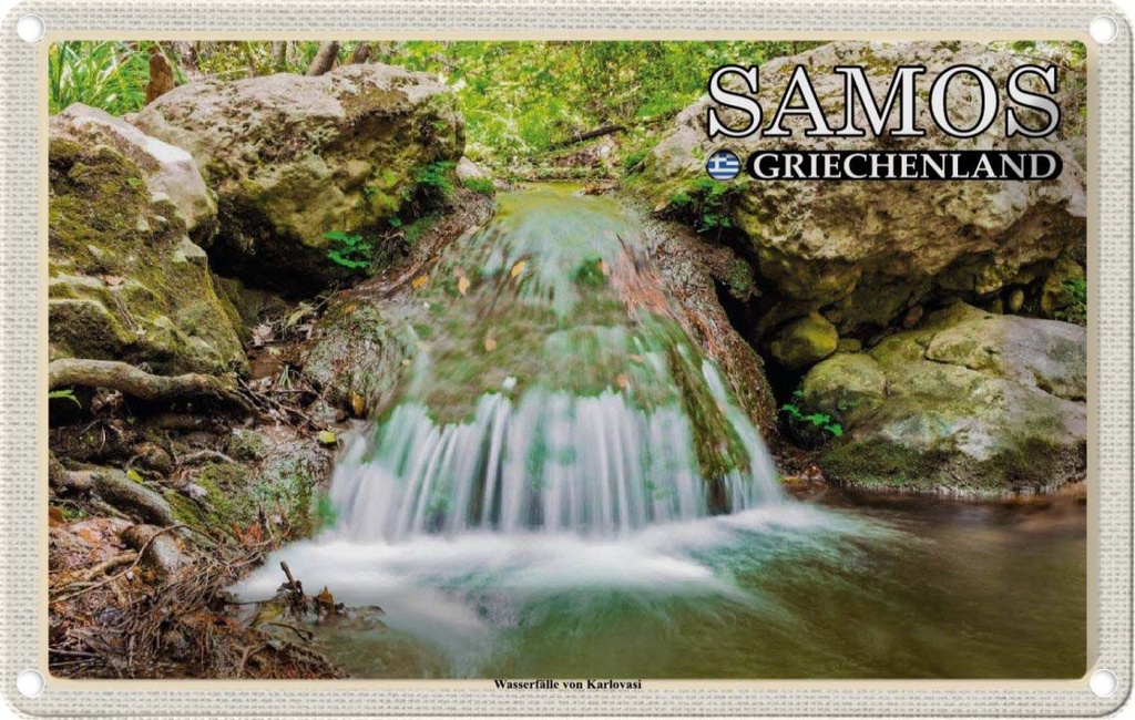 Blechschild 20x30 cm Samos Griechenland Wasserfälle Karlovasi Bildmotiv Reisemotiv Abenteuer Reisen Urlaub