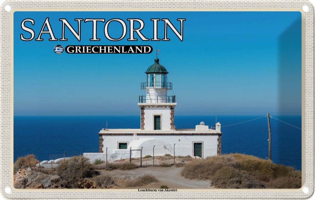 Blechschild 20x30 cm Santorin Griechenland Leuchtturm Akrotiri Bildmotiv Reisemotiv Abenteuer Reisen Urlaub