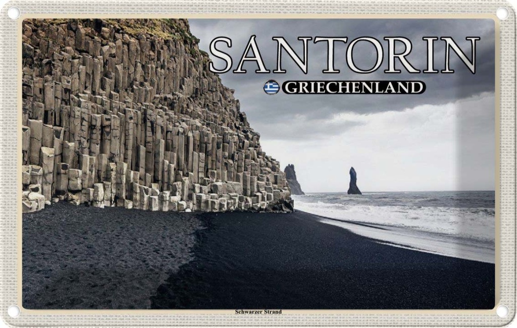 Blechschild 20x30 cm Santorin Griechenland Schwarzer Strand Bildmotiv Reisemotiv Abenteuer Reisen Urlaub