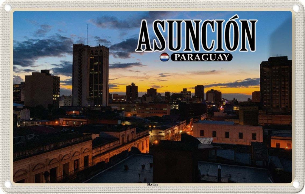 Blechschild 20x30 cm Asuncion Paraguay Skyline Sonnenuntergang Bildmotiv Reisemotiv Abenteuer Reisen Urlaub