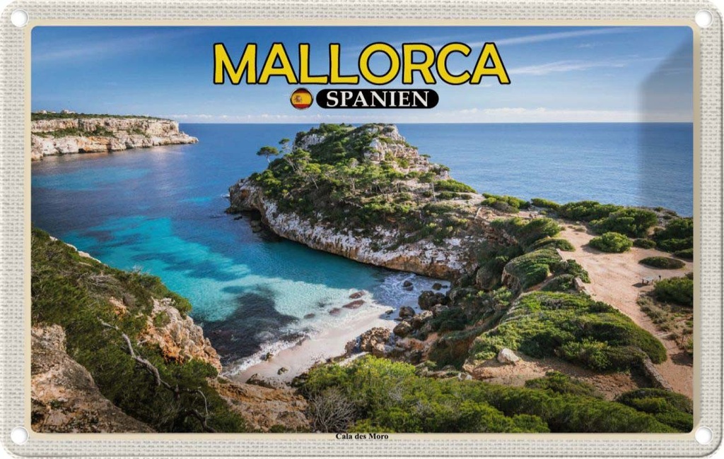 Blechschild 20x30 cm Mallorca Spanien Urlaub Cala des Moro Bucht Bildmotiv Reisemotiv Abenteuer Reisen