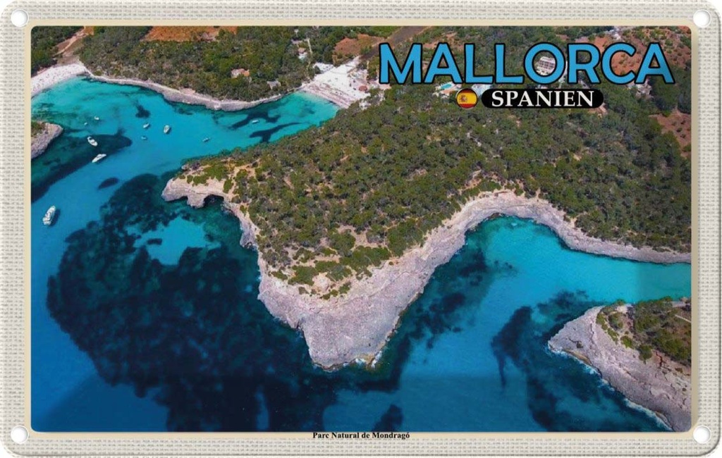 Blechschild 20x30 cm Mallorca Spanien Urlaub Parc Natural de Mondragó Bildmotiv Reisemotiv Abenteuer Reisen