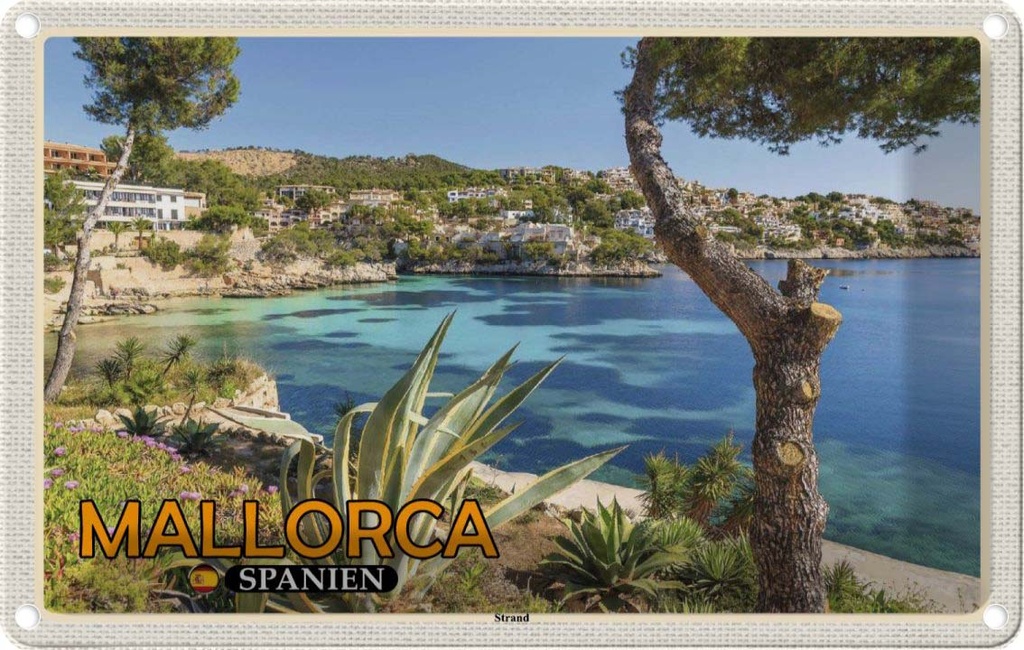 Blechschild 20x30 cm Mallorca Spanien Strand Meer Stadt Bildmotiv Reisemotiv Abenteuer Reisen Urlaub