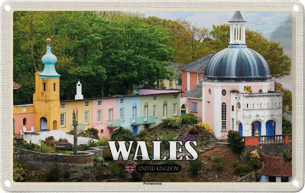 Blechschild 20x30 cm Wales United Kingdom Portmeirion Bildmotiv Reisemotiv Abenteuer Reisen Urlaub