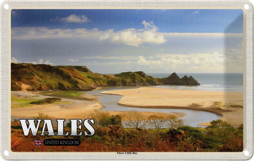 Blechschild 20x30 cm WalesThree Cliffs Bay Bucht Bildmotiv Reisemotiv Abenteuer Reisen Urlaub