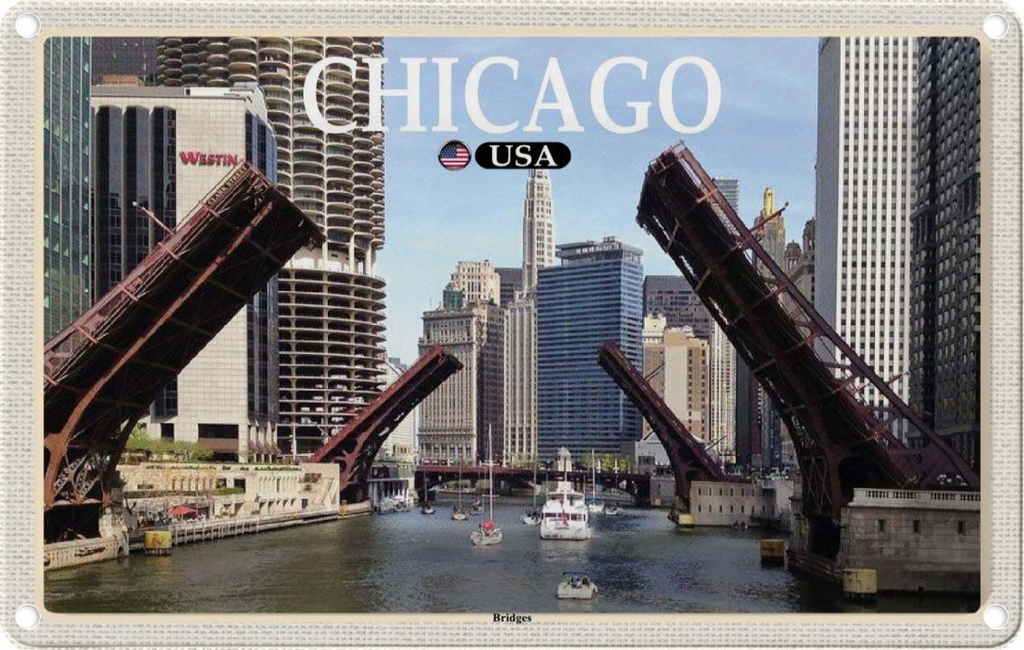 Blechschild 20x30 cm Chicago USA Bridges Brücken Fluss Bildmotiv Reisemotiv Abenteuer Reisen Urlaub