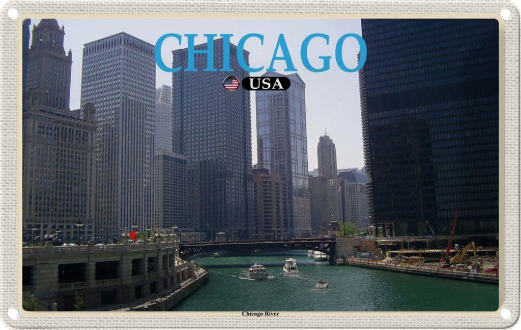 Blechschild 20x30 cm Chicago USA Urlaub River Fluss Hochhäuser Bildmotiv Reisemotiv Abenteuer Reisen