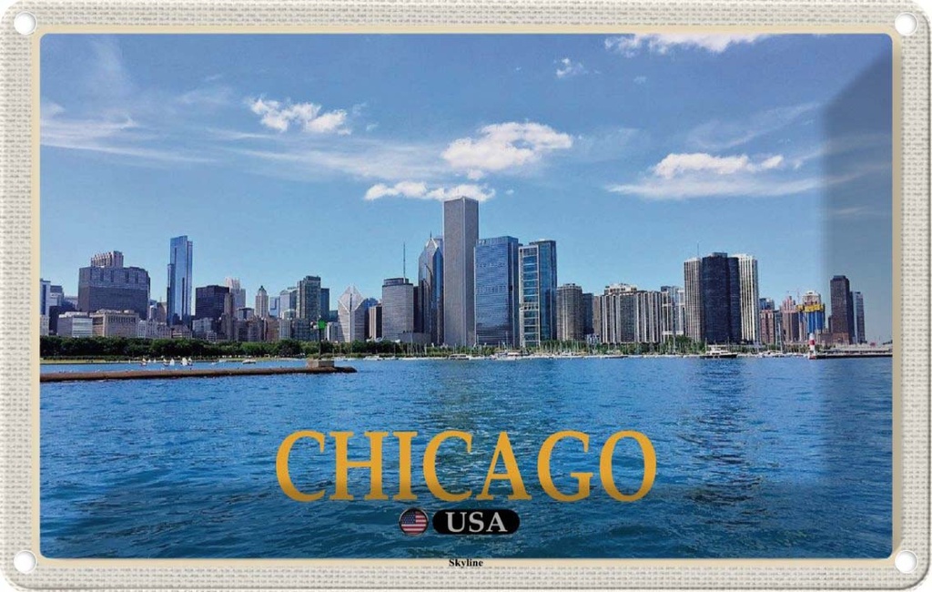 Blechschild 20x30 cm Chicago USA Skyline Hochhäuser Bildmotiv Reisemotiv Abenteuer Reisen Urlaub