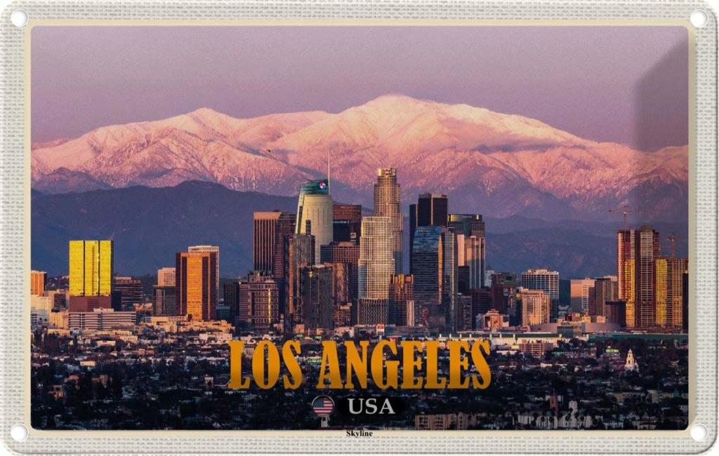 Blechschild 20x30 cm Los Angeles Skyline Berge Wolkenkratzer Bildmotiv Reisemotiv Abenteuer Reisen Urlaub