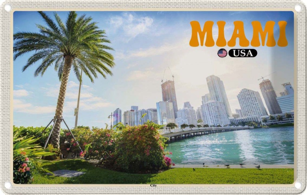 Blechschild 20x30 cm Miami USA Urlaub City Stadt Meer Palme Bildmotiv Reisemotiv Abenteuer Reisen