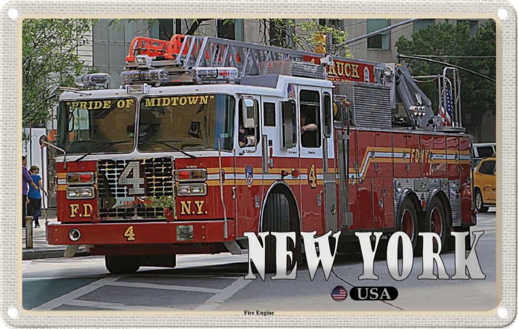 Blechschild 20x30 cm New York Urlaub USA Fire Engine Feuerwehrauto Bildmotiv Reisemotiv Abenteuer Reisen