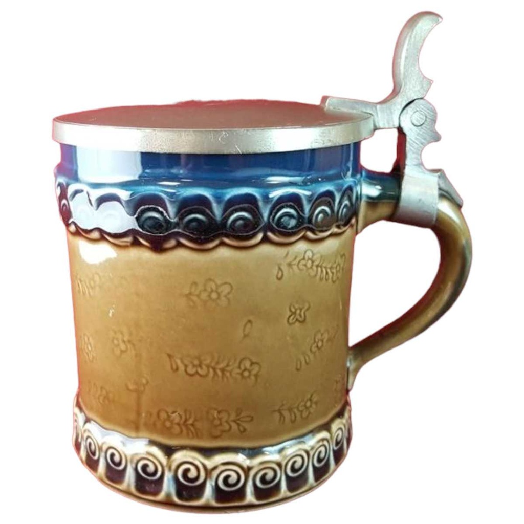 [45815267] Bierkrug mit Zinndeckel 0,5 L Rosenthal braun blau Blumen Dekor gebraucht - gut