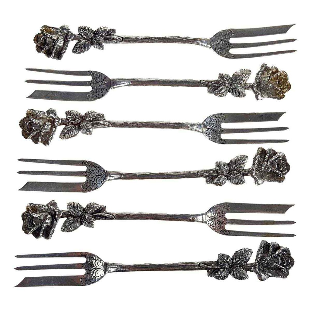[458167146] 6er Set Gabel Gabeln Kuchengabeln Kuchengabel mit Stempel 87g Christoph Widmann Hildesheimer Rose gebraucht - gut