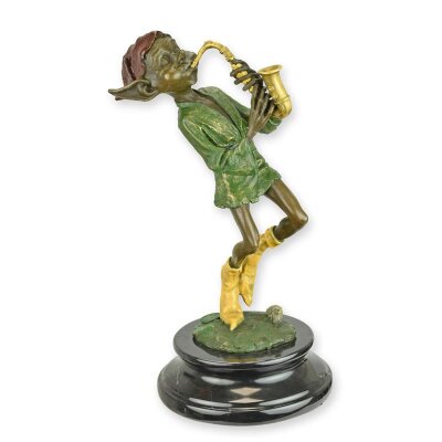 Bronzeskulptur Bronzefigur Goblin spielt Saxophon