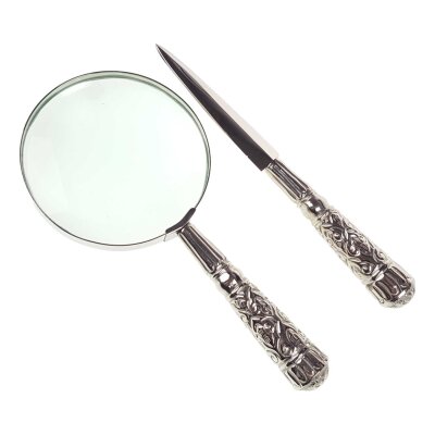 Leselupe Handlupe Vergrößerungsglas & Brieföffner Glas versilbert Set