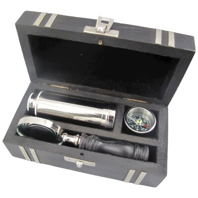 Nautik Set Vernickelt Holzdose L 18 cm