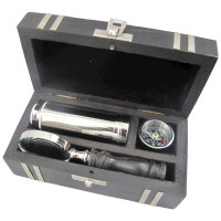 Nautik Set Vernickelt Holzdose L 18 cm