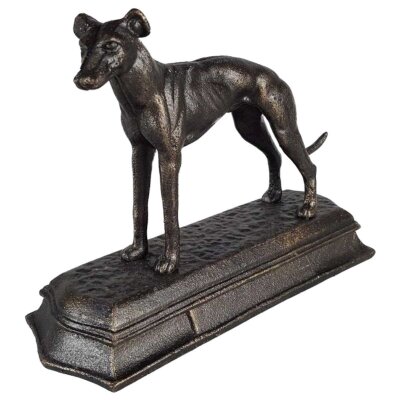 Figur Skulptur Gusseisen Bronzelook Windhund Gusseisensockel L 23,3 cm