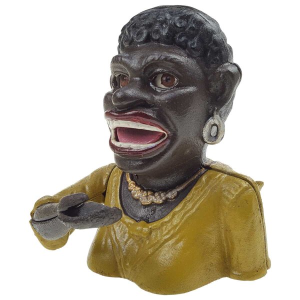 Spardose Geldbank Skulptur Gusseisen Frau Mädchen gelbes Oberteil H 16,5 cm