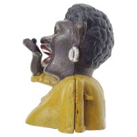 Spardose Geldbank Skulptur Gusseisen Frau Mädchen gelbes Oberteil H 16,5 cm