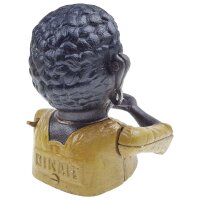 Spardose Geldbank Skulptur Gusseisen Frau Mädchen gelbes Oberteil H 16,5 cm