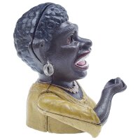 Spardose Geldbank Skulptur Gusseisen Frau Mädchen gelbes Oberteil H 16,5 cm