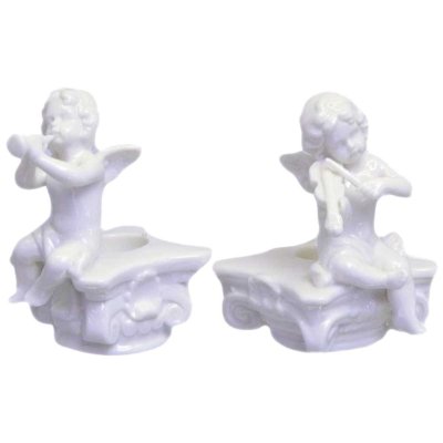 Figur Skulptur 2 Kerzenhalter Alabaster Engel musizierend auf Stein sitzend