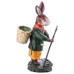 Skulptur Figur Gusseisen Hase mit Wanderstock und Korb