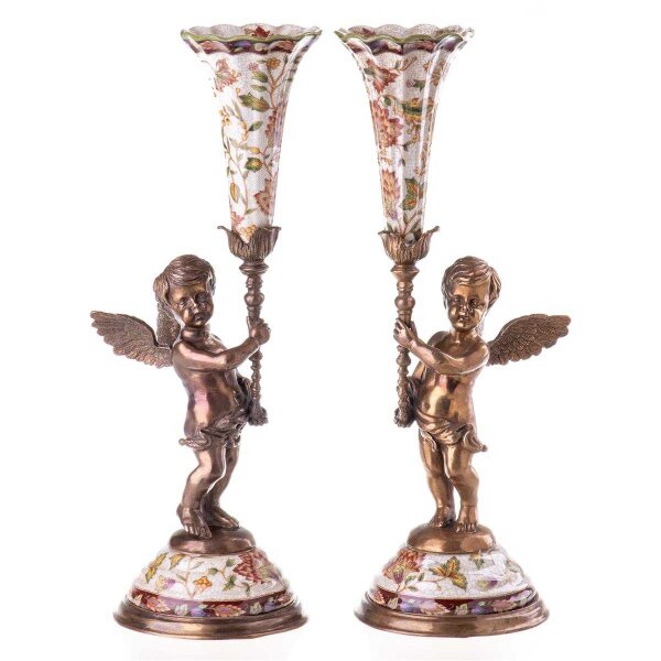 2er Set Kerzenleuchter Kerzenständer Kerzenhalter Porzellan/Messing Engel #63183