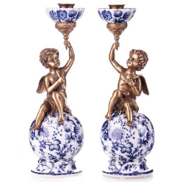 2er Set Kerzenleuchter Kerzenständer Kerzenhalter Porzellan/Messing Engel #63322