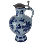 Krug mit Zinndeckel Henkelkrug Steingut Blau H 26 cm