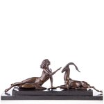 Skulptur Figur Bronzeskulptur Bronzefigur Frau mit Antilope