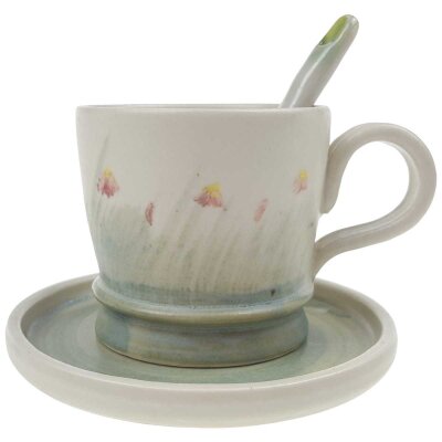 Kaffeebecher mit Untertasse Löffel 3tlg Blumendekor Bunt gebraucht - sehr gut