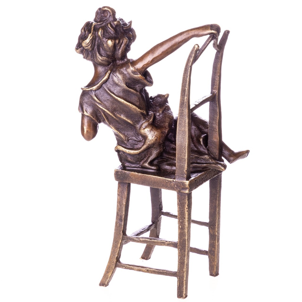 [LA-1822066] Bronzeskulptur Bronzefigur Mädchen auf Stuhl mit Katze Bild 3