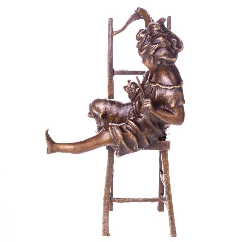 [LA-1822066] Bronzeskulptur Bronzefigur Mädchen auf Stuhl mit Katze Bild 4