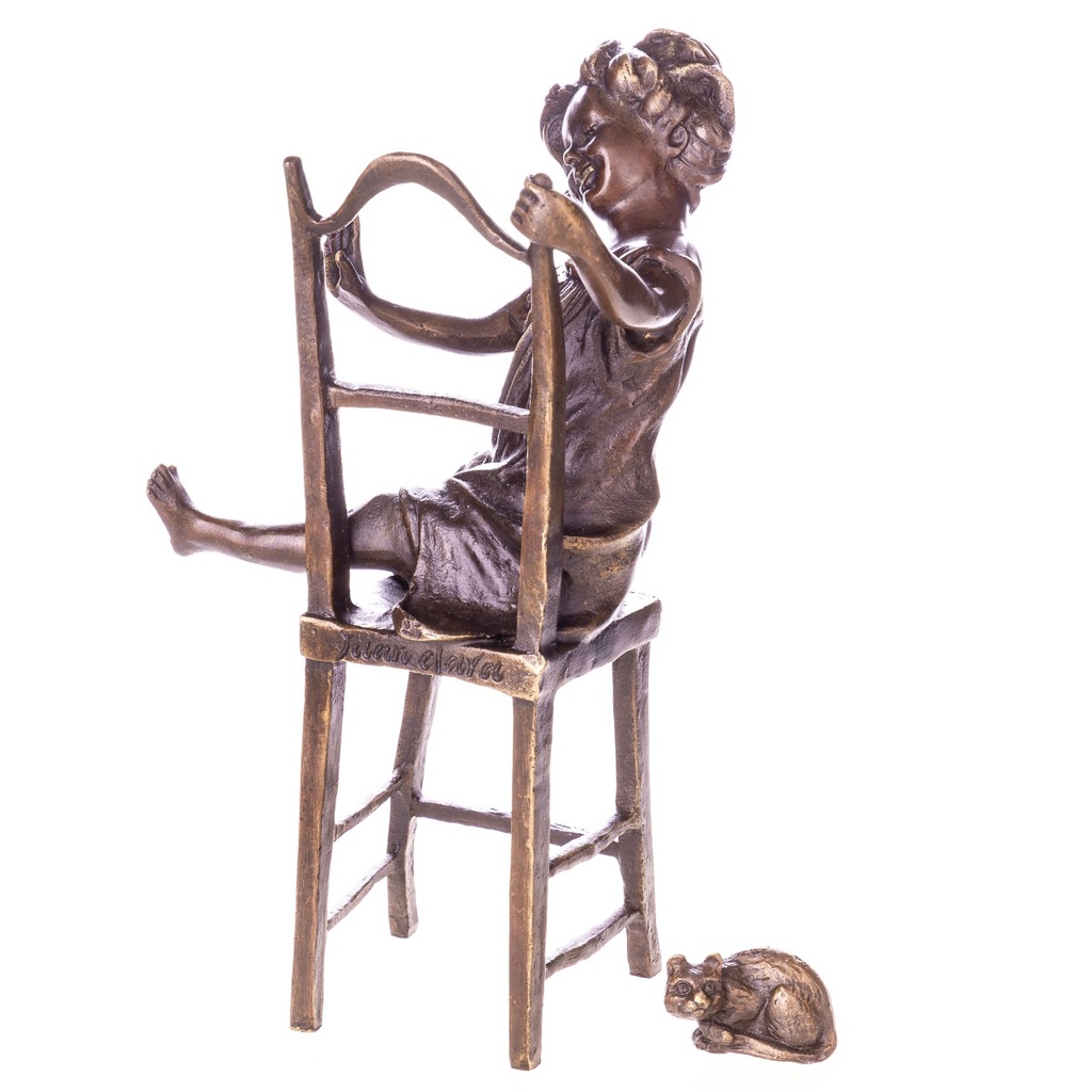 [LA-1822067] Bronzeskulptur Bronzefigur Mädchen auf Stuhl mit Katze Bild 3