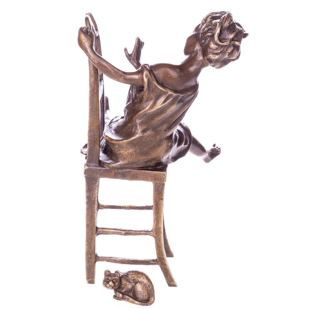 [LA-1822067] Bronzeskulptur Bronzefigur Mädchen auf Stuhl mit Katze Bild 4