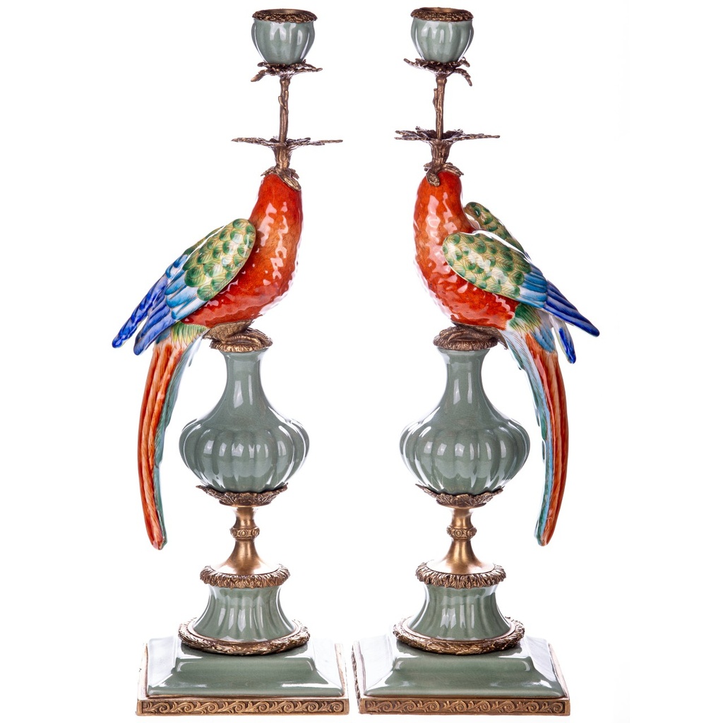 [LA-1822470] Porzellan mit Bronze Kerzenständer Papageien Set/2 Bild 2