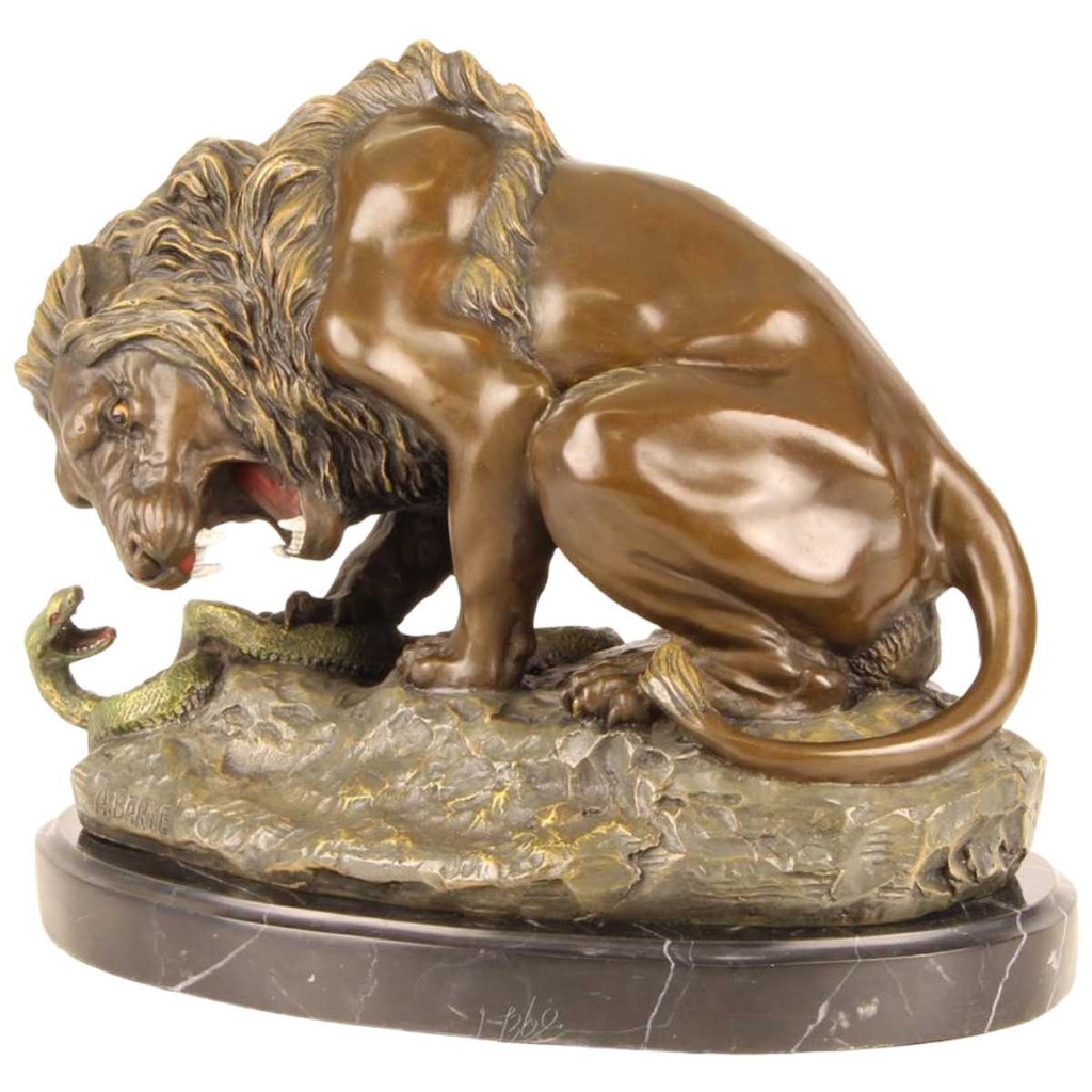 [LA-39267] Bronzeskulptur Bronzefigur Löwe mit Schlange Grün Bild 2