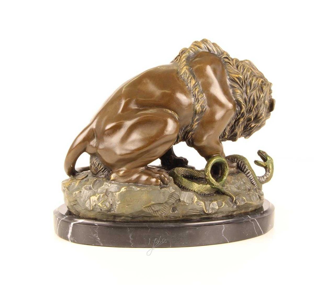 [LA-39267] Bronzeskulptur Bronzefigur Löwe mit Schlange Grün Bild 6