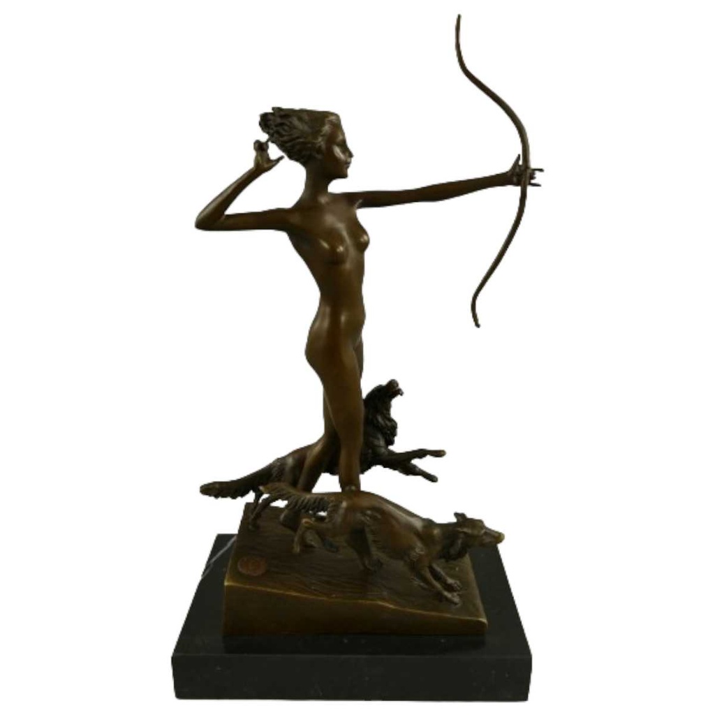[LA-39319] Bronzeskulptur Bronzefigur Nackte Diana mit Bogen und Jagdhunden Bild 2
