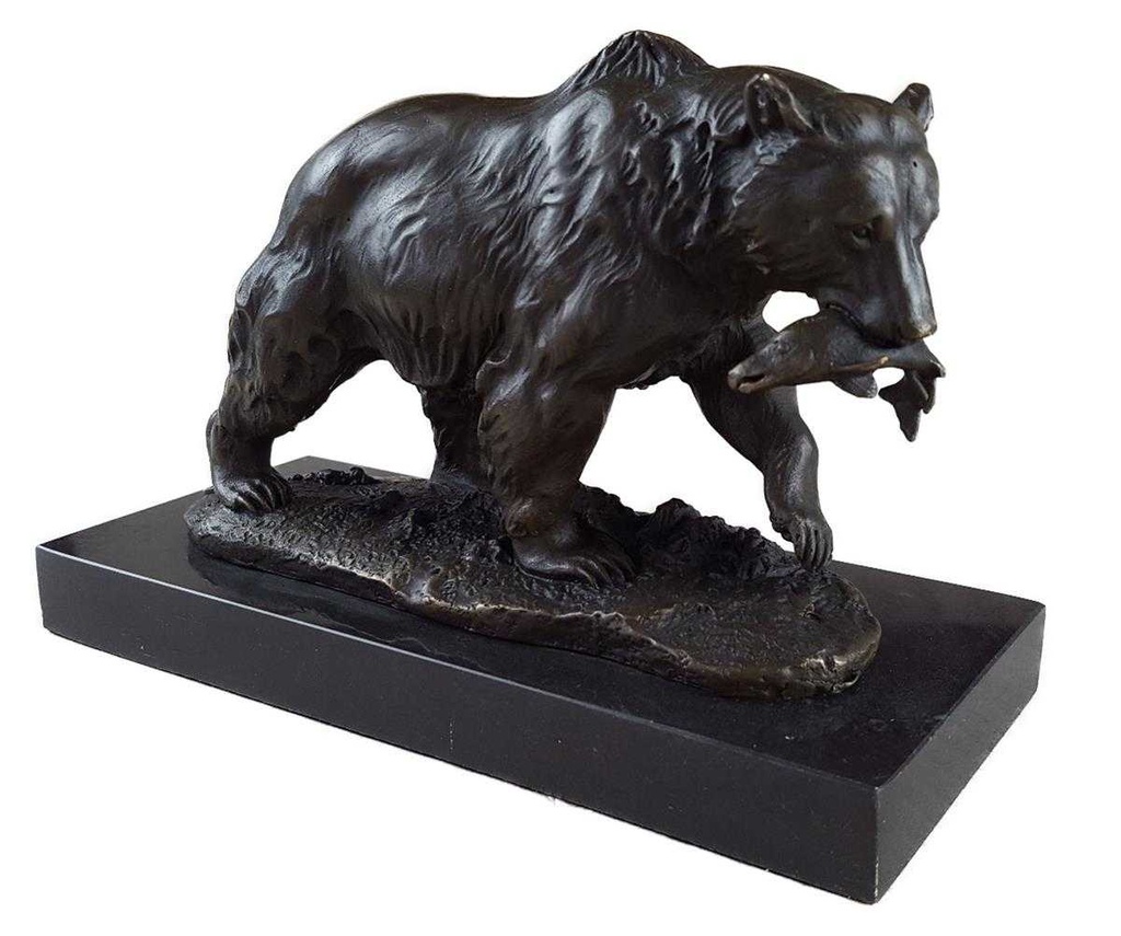 [LA-39336] Bronzeskulptur Bronzefigur Grizzlybär Bär mit Fisch Im Maul Bild 2